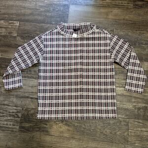 Ann Taylor Plaid Mock Neck Top Blouse Red Navy Medium M Long Sleeve Ponte Knit